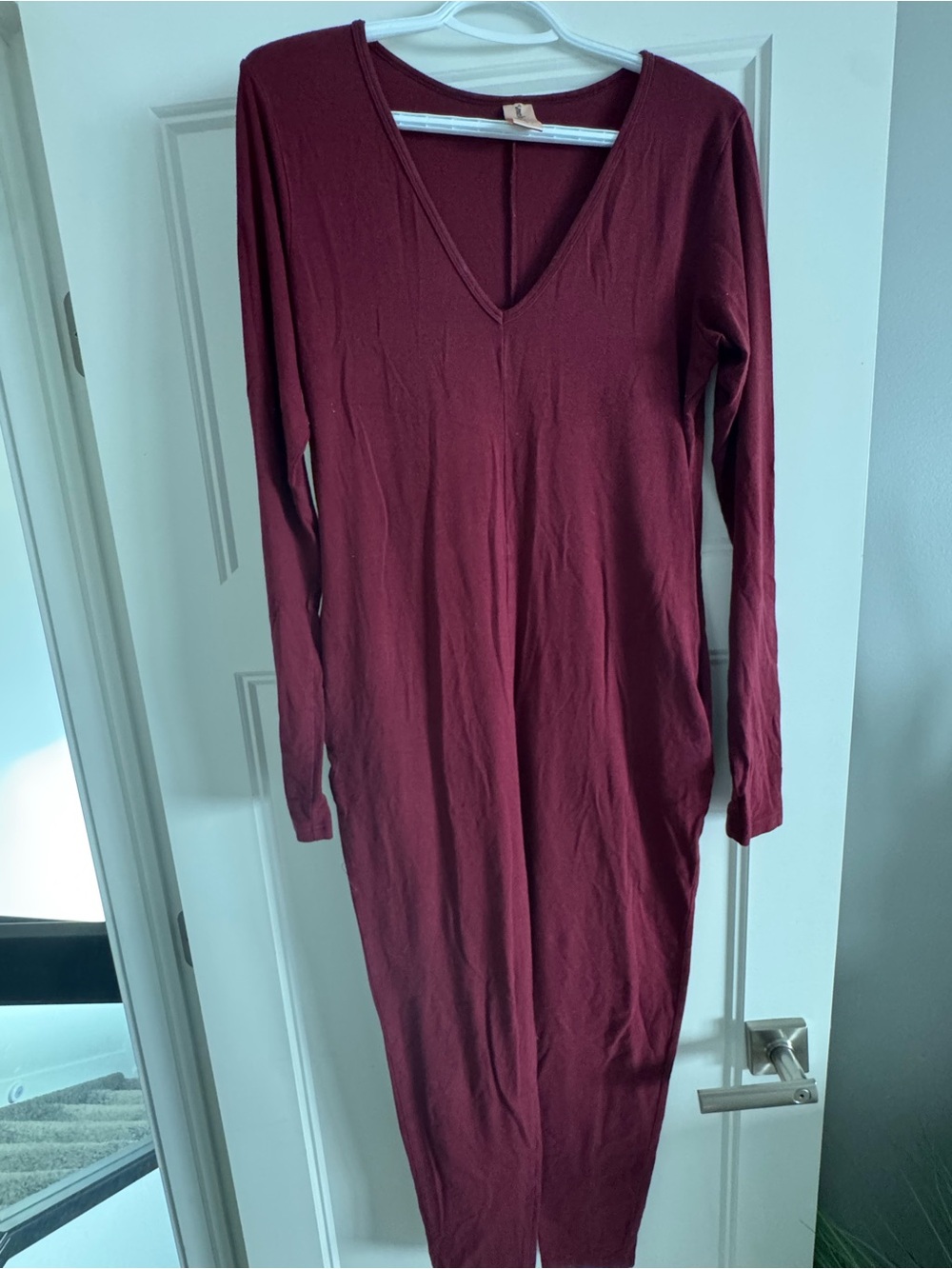 Smash + Tess Long-Sleeve V-Neck Midi Dress in Burgundy